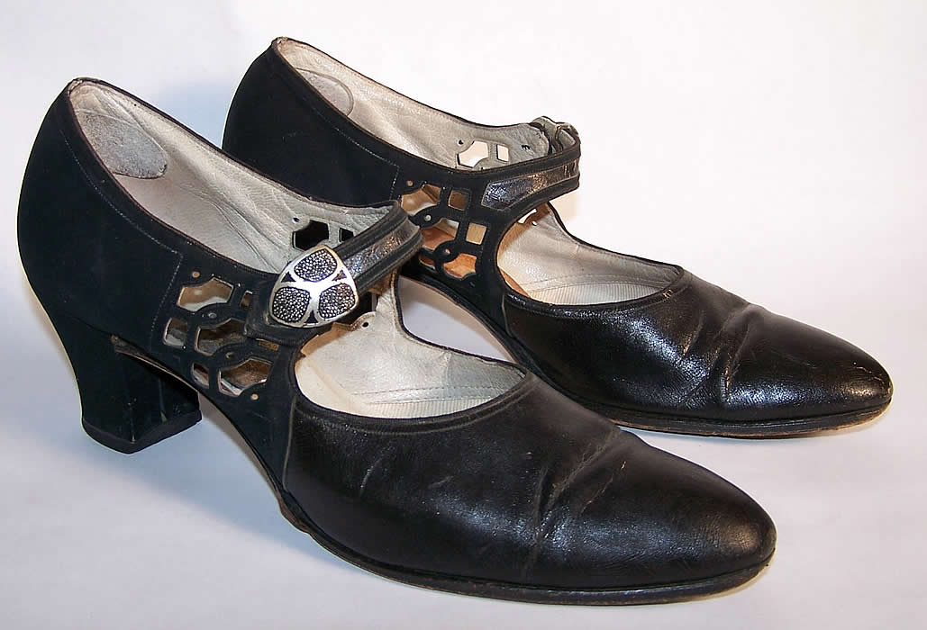 Art Deco Black Leather Silver Buckle Flapper Shoes Side View.