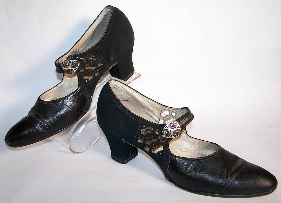 Art Deco Black Leather Silver Buckle Flapper Shoes  side view.