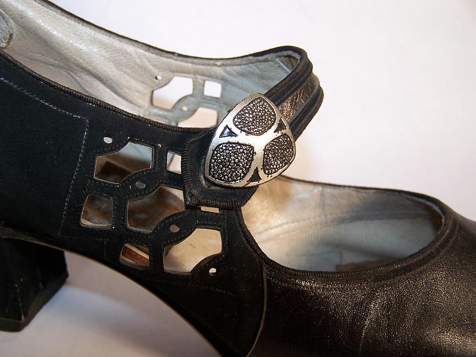 Art Deco Black Leather Silver Buckle Flapper Shoes  Close up.