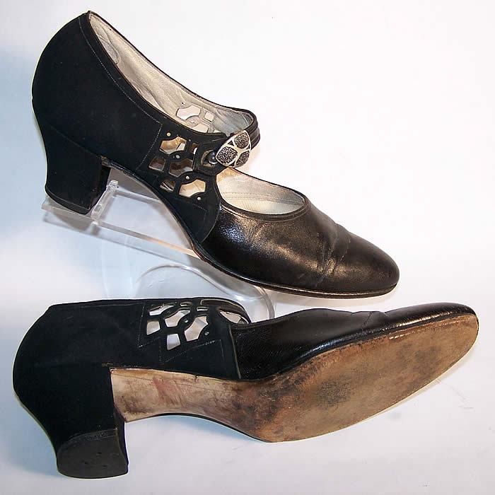 Art Deco Black Leather Silver Buckle Flapper Shoes 