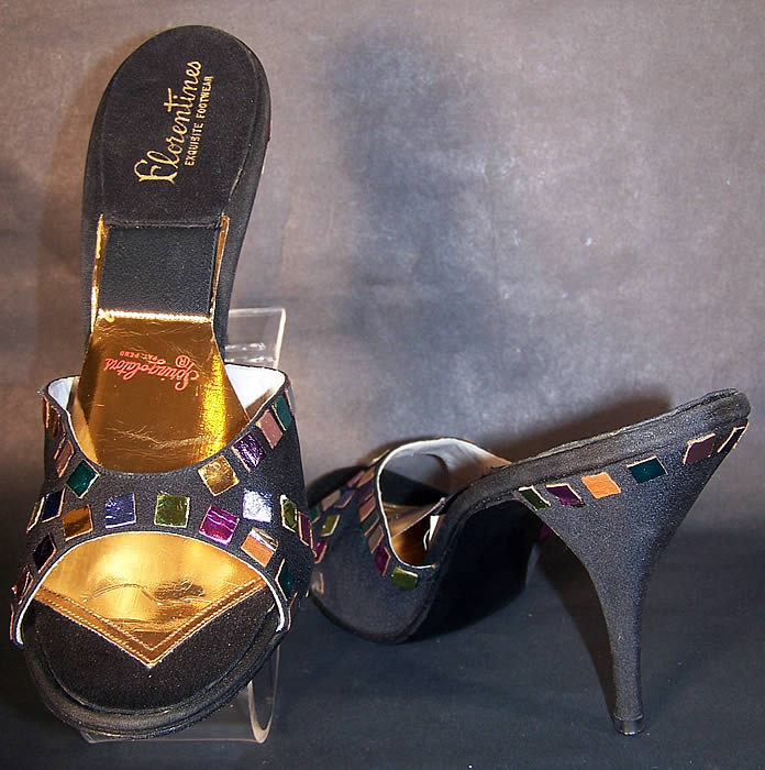 Vintage Springolator Black Silk Jewel Stiletto Shoes Mules front back view.