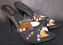 Vintage Springolator Black Silk Jewel Stiletto Shoes Mules