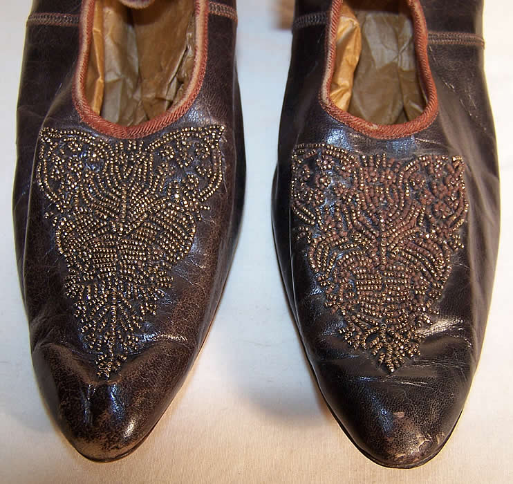Edwardian Bronze Beaded Button Strap Mary Jane Shoes close-up view.