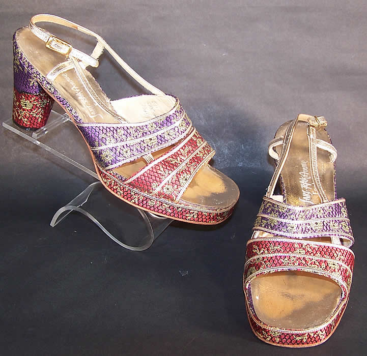 1970s Vintage Saks Fifth Ave Fenton Last Silk Brocade Gold Lamé Sandal Shoes sz 6