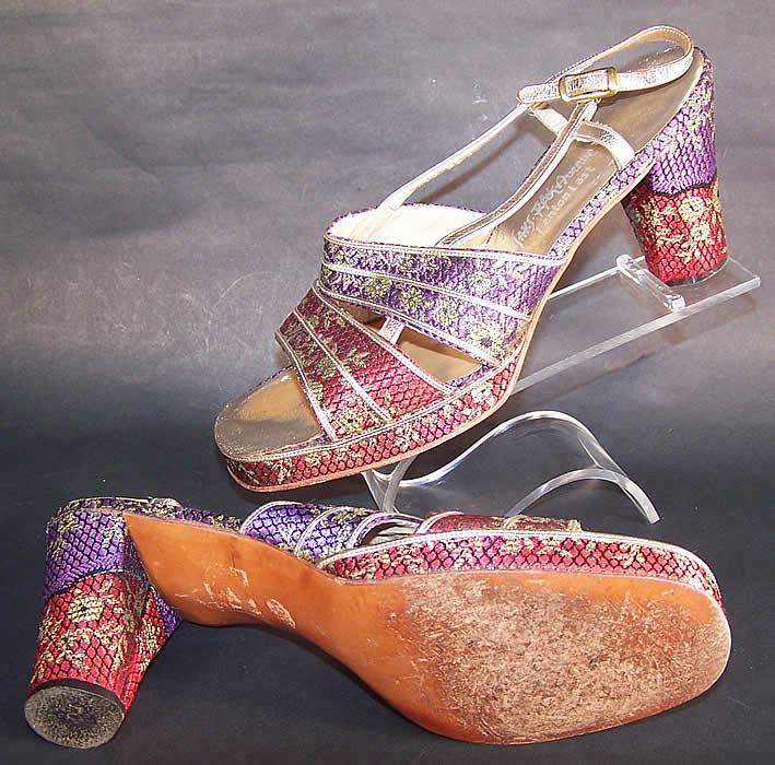 Vintage Saks Fifth Ave Fenton Last Silk Brocade Gold Lamé Sandal Shoes