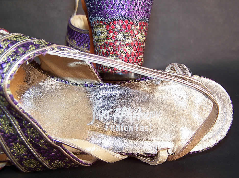 Vintage Saks Fifth Ave Fenton Last Silk Brocade Gold Lamé Sandal Shoes label
