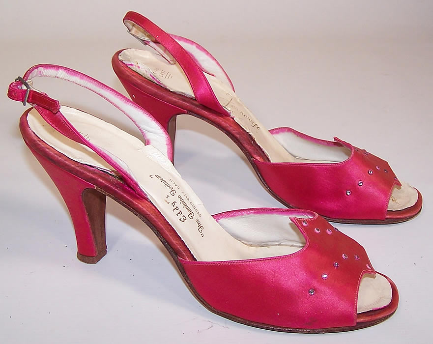 Vintage Ferncraft Fuschia Pink Silk Satin Rhinestone Sling Back Evening Shoes
