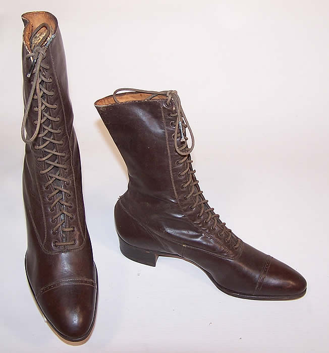 Unworn Victorian Dark Brown Leather High Top Lace-up Boots