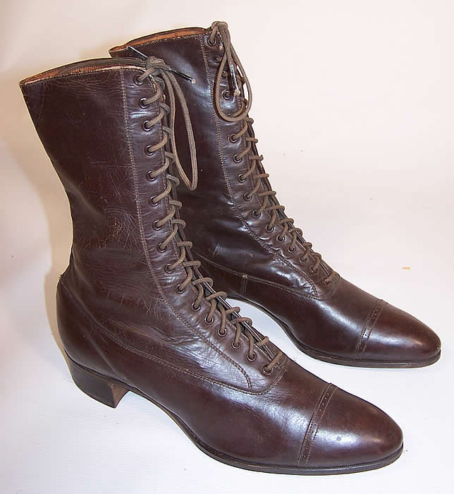 Unworn Victorian Dark Brown Leather High Top Lace-up Boots