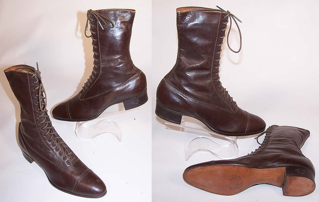 Unworn Victorian Dark Brown Leather High Top Lace-up Boots 2 views