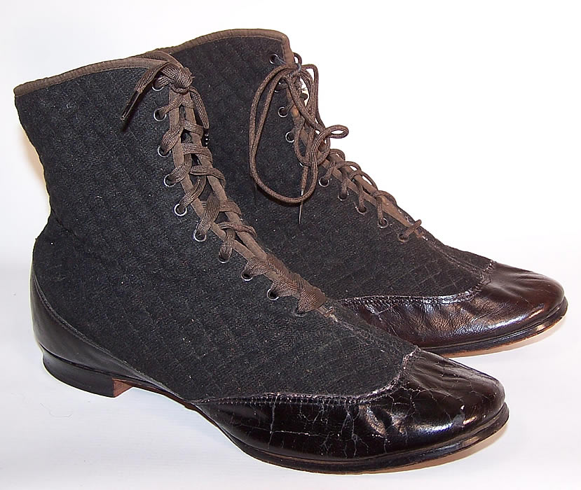 Victorian Black Leather Quilted Wool Winter High Top Lace-up Boots