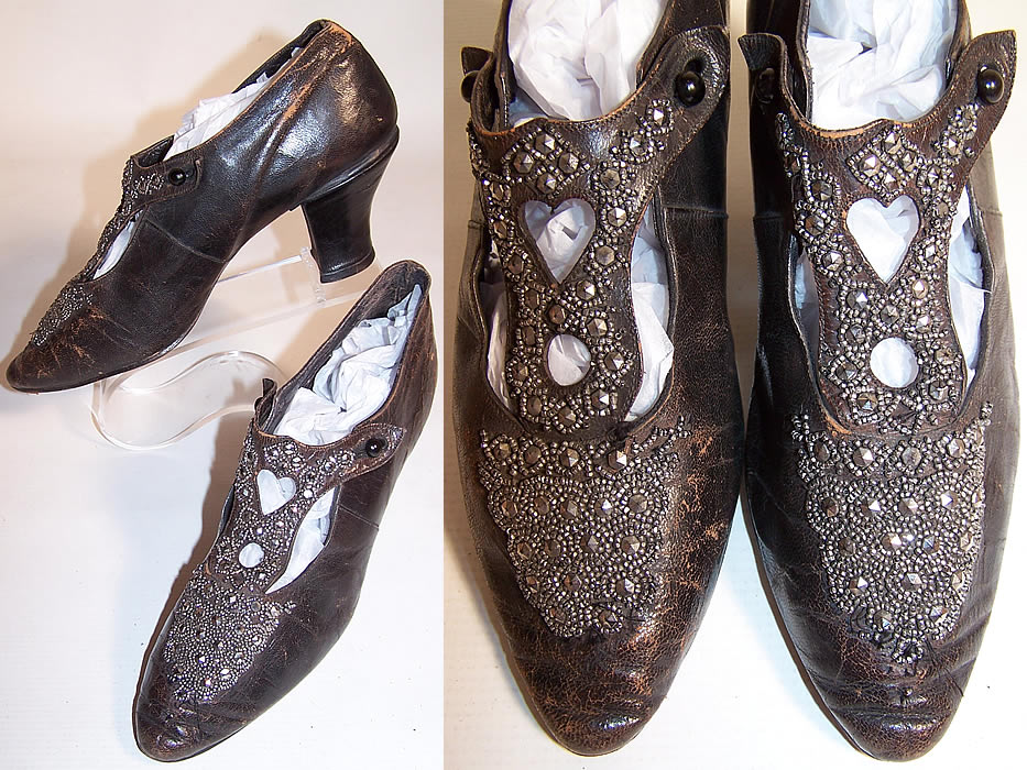 Victorian Black Leather Steel Cut Beaded Heart Shape Punch Work Shoes