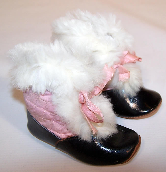 Edwardian Pink Quilted White Fur Trim Winter Baby Boots Snow Shoes