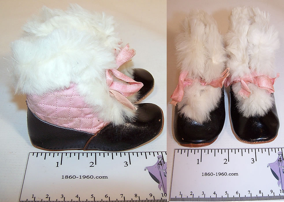 Edwardian Pink Quilted White Fur Trim Winter Baby Boots Snow Shoes two views