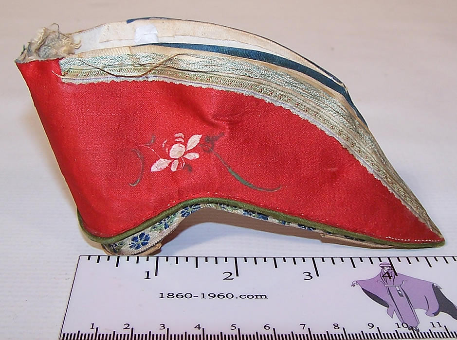 Antique Chinese Red Silk Hand Painted Lotus Bound Foot Slipper Shoe
