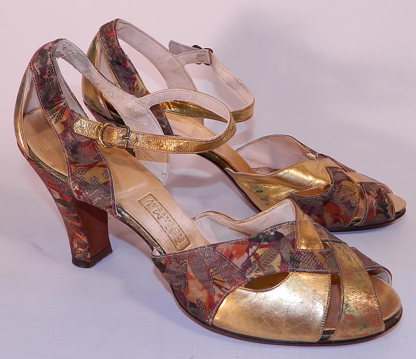 Vintage ZCMI Salt Lake City Art Deco Gold Leather Lamé Floral Shoes