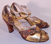 Vintage ZCMI Salt Lake City Art Deco Gold Leather Lamé Floral Shoes