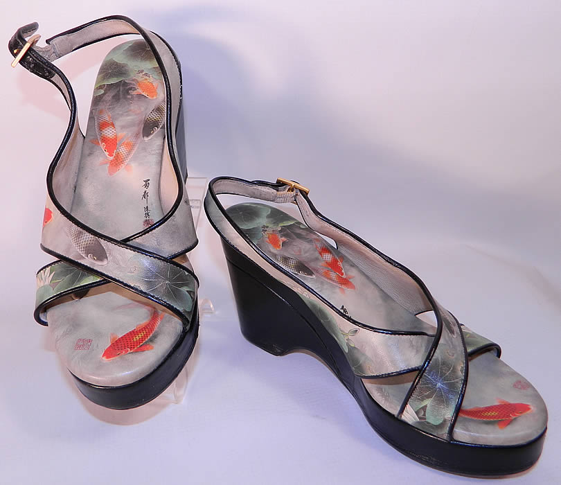 Vintage Icon Chinese Koi Fish Print Platform Wedge Sandal Shoes 