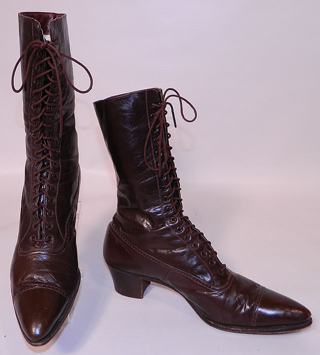 Victorian Antique Brown Leather High Top Lace-up Boots. These antique boots are difficult to size for today's foot but my guess would be about a size 7 narrow width. They have been gently worn and are in good condition. These are truly beautiful quality made boots! 