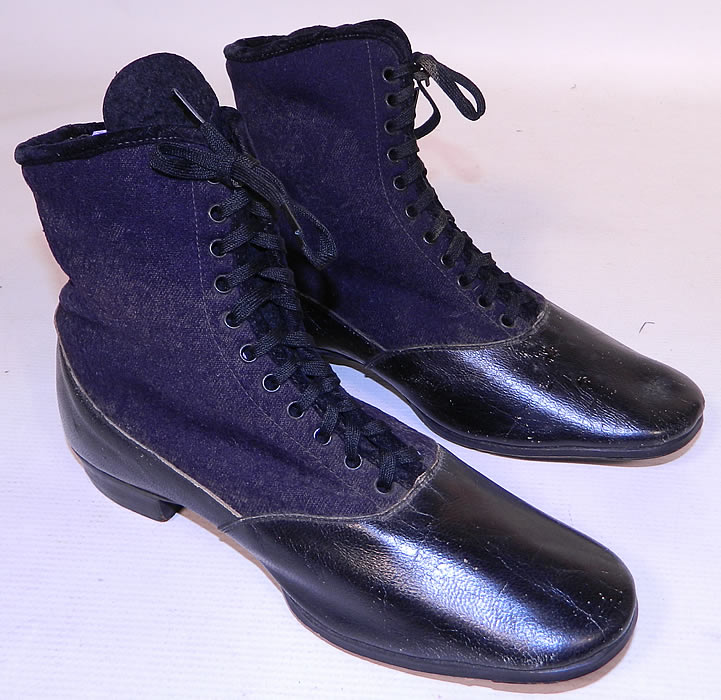 Victorian Black Leather Navy Blue Wool Winter High Top Lace-up Boots . They are made of a navy blue wool fabric top, with a black patent leather bottom shoe. 