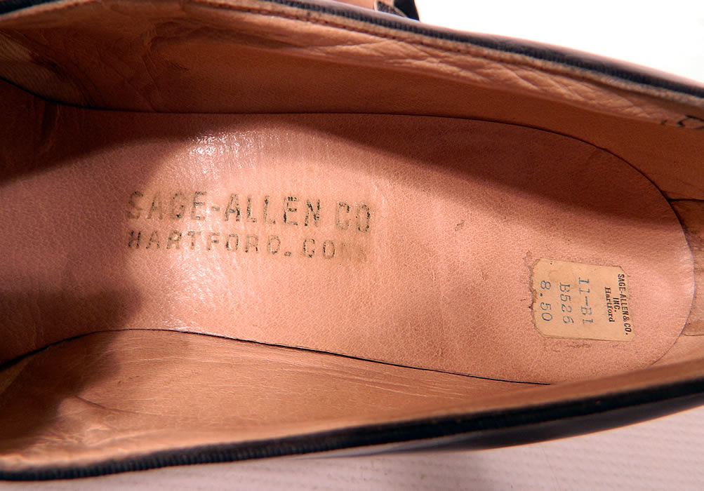 Vintage Sage Allen Co Hartford Art Deco Black Suede Leather Shoes. They have a "Sage-Allen Co Hartford, Conn." label stamped inside and original price tag of $8.50. 