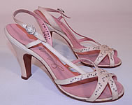 1950s Vintage Julianelli White Linen Rhinestone Strap Sling Back Sandal Shoes 