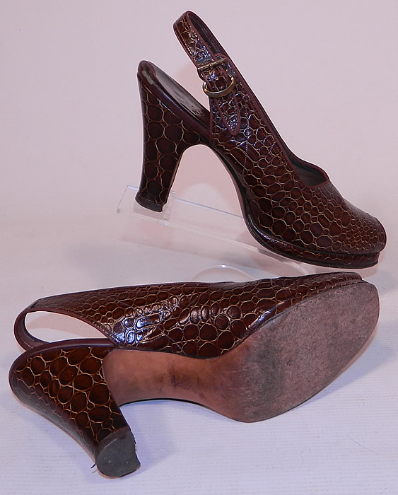 Vintage Laird Schober & Co Brown Leather Alligator Slingback Platform Shoes 
They are in good condition and have been gently worn.