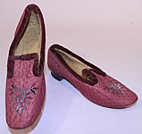 Victorian Burgundy Quilted Silk Steel Cut Beaded Velvet Trim Slipper Shoes