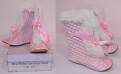 Vintage Ideal Baby Carriage Boot Pink Quilted White Fur Trim Winter Child Shoes & Box
