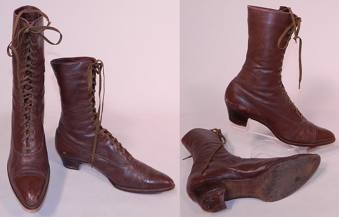 Victorian Antique Womens Brown Leather High Top Lace-up Boots Shoes
The boots measure 9 1/2 inches tall, 11 inches long, 2 inches wide, with 1 1/2 inch high heels. These antique boots are difficult to size for today's foot, but my guess would be approximately a US size 7 narrow width. They have been gently worn and are in good condition, with only some scuff marks and frays on the shoestrings. These are truly a wonderful quality made antique boot!