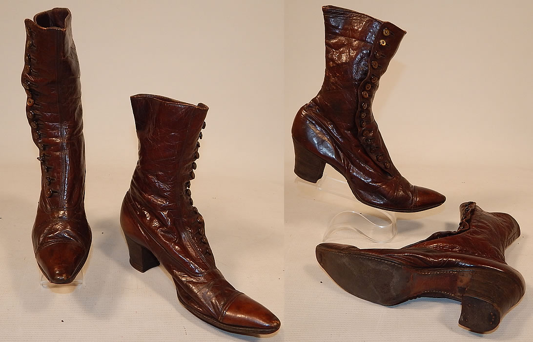 Victorian Antique Women's Brown Leather High Top Button Boots Shoe Hook
The boots measure 10 inches long, 2 1/2 inches wide, with 2 inch high heels. These antique boots are difficult to size for today's foot, but my guess would be about a US size 6 or 7 narrow width. They are in good condition, having been gently worn and the buttons have been moved over to be made larger. These are truly a beautiful quality made antique boot! 