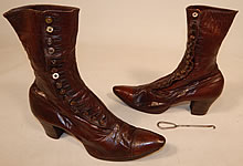Victorian Antique Women's Brown Leather High Top Button Boots Shoe Hook