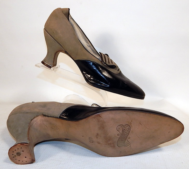 Vintage La Parisienne France Art Deco Gray Suede Black Leather Flapper Shoes
These are truly a high quality made French Art Deco shoe which would be great for display or design to be copied!
