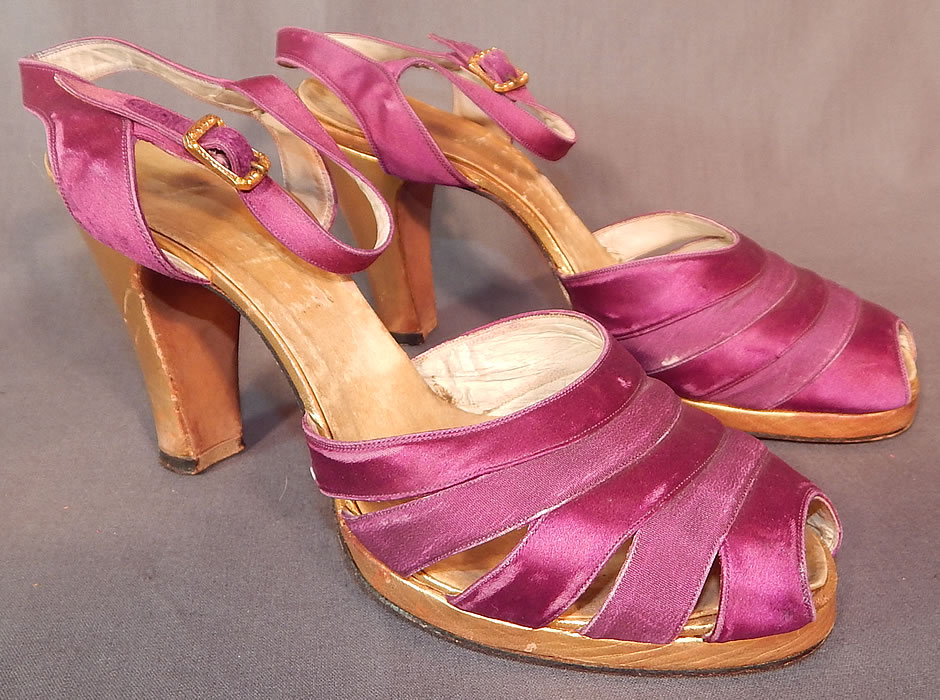 Vintage Purple Silk Satin Ankle Strap Gold Leather Heel Trim Platform Shoes
They are made of a purple silk satin fabric straps, with gold leather trim. 