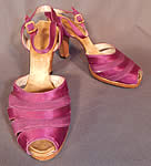 1930s Vintage Purple Silk Satin Ankle Strap Gold Leather Heel Trim Platform Shoes 
