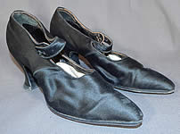 Edwardian Vintage Black Silk Satin Button Strap Mary Jane Pointed Toe Shoes 