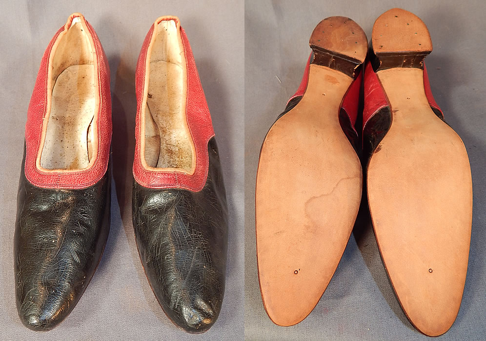 Victorian Red & Black Two Tone Leather Pointed Toe French Heel Slipper Shoes
They are in good condition and have been gently worn, with only some minor wear. These are truly a rare and beautiful quality made antique Victoriana shoe which would make for a wonderful display piece!