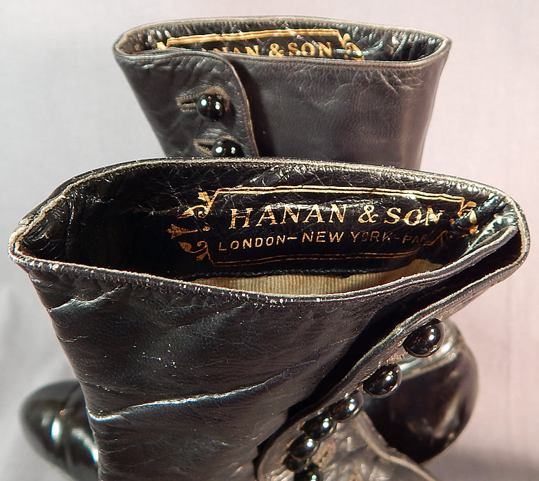 Victorian Hanan & Son Black Gray Two Tone Leather High Top Button Boots Shoes
There is gold lettering "Hanan & Son London - New York - London" label inside the top.