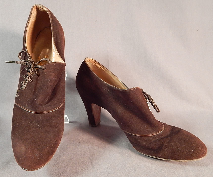 Vintage Marquise Footwear Brown Suede Leather Side Lacing Trim Art Deco Shoes
They are made of a dark brown suede leather. 