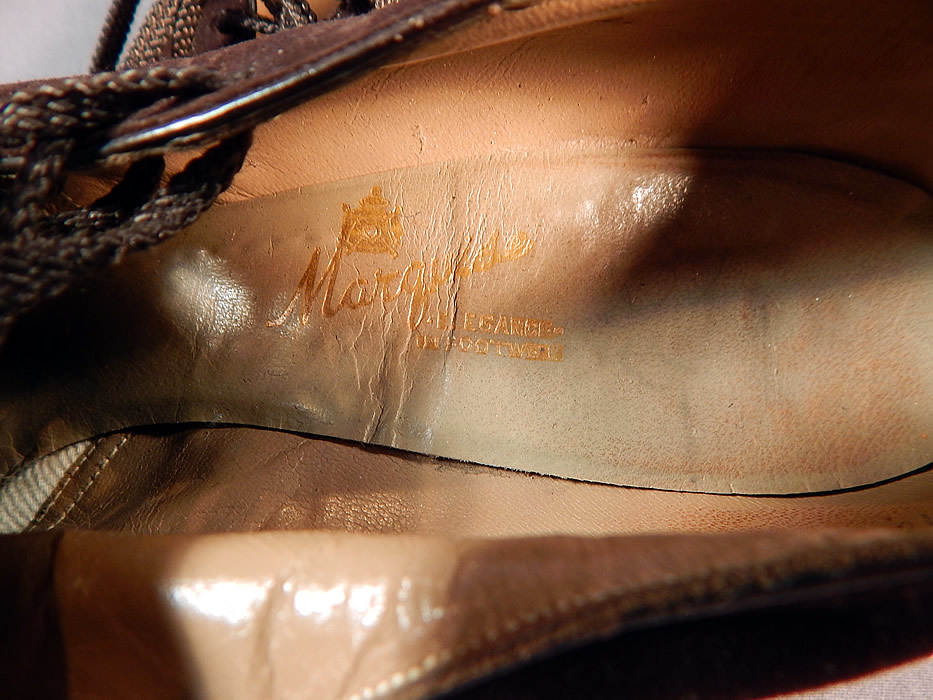 Vintage Marquise Footwear Brown Suede Leather Side Lacing Trim Art Deco Shoes
They have a "Marquise Elegance Footwear" label stamped inside the insoles.