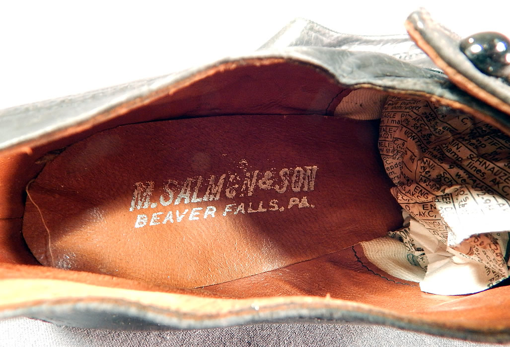 Edwardian Black Leather Low Side Button Bump Toe Womens Work Shoes
There is a " M. Salmon & Son Beaver Falls PA." label inside embossed on the insoles. 