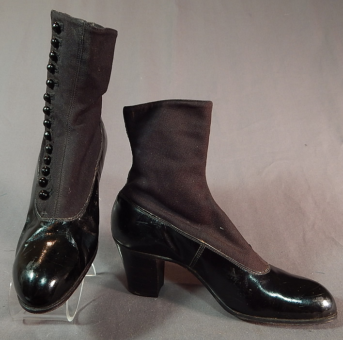 Victorian Unworn Womens Black Wool Patent Leather High Top Button Boots
These antique boots are difficult to size for today's foot, but my guess would be about a US size 5 1/2 or 6 narrow width.
