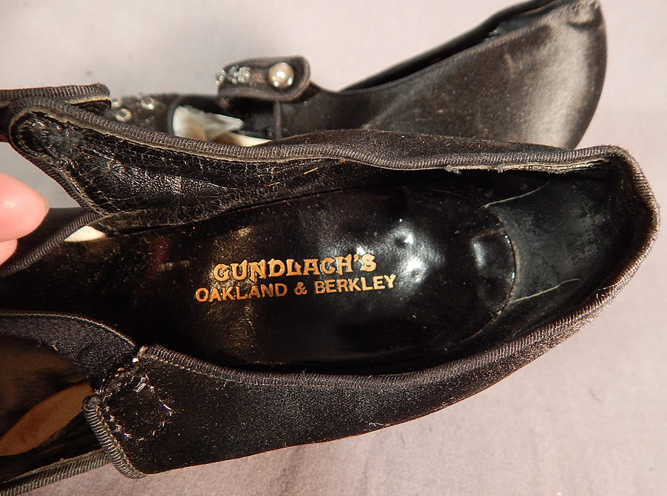 Edwardian Vintage Gundlach's Black Silk Beaded Button Strap Mary Jane Shoes
There is a "Gundlach's Oakland & Berkley" shoe company label stamped in gold lettering inside on the insoles. 