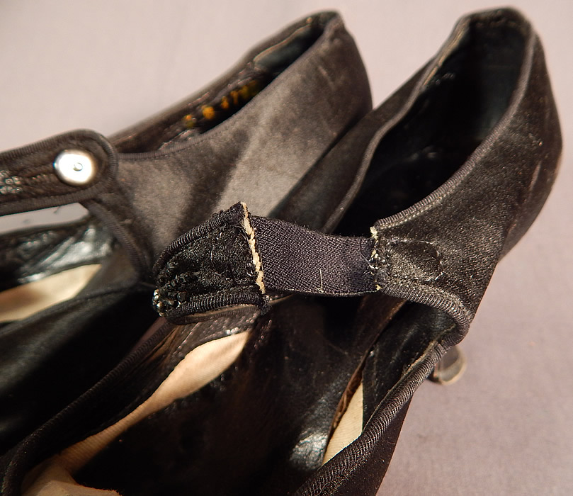 Edwardian Vintage Gundlach's Black Silk Beaded Button Strap Mary Jane Shoes
The shoes are in fair as-is condition, with only some wear, frayed scuffs on the toes, side back heels and the straps have been cut with added elastic bands to be made larger across the instep (see close-ups). These are truly beautiful quality made shoe! 