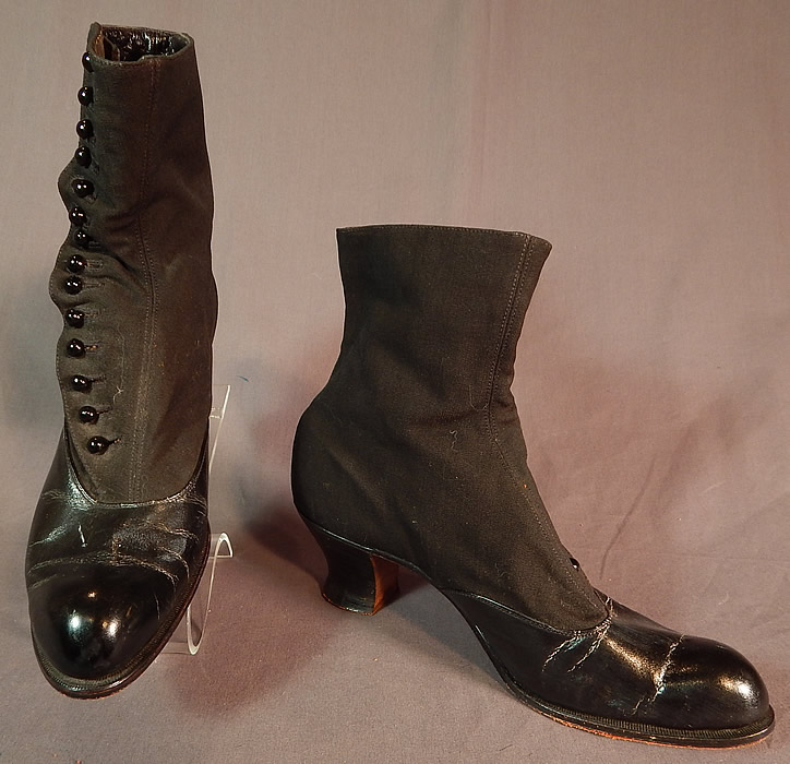 Victorian Womens Black Wool & Leather High Top Button Boots Clarice TC Shoe Co.
The boots measure 8 inches tall, 10 inches long, 3 inches wide, with 2 inch high heels. 