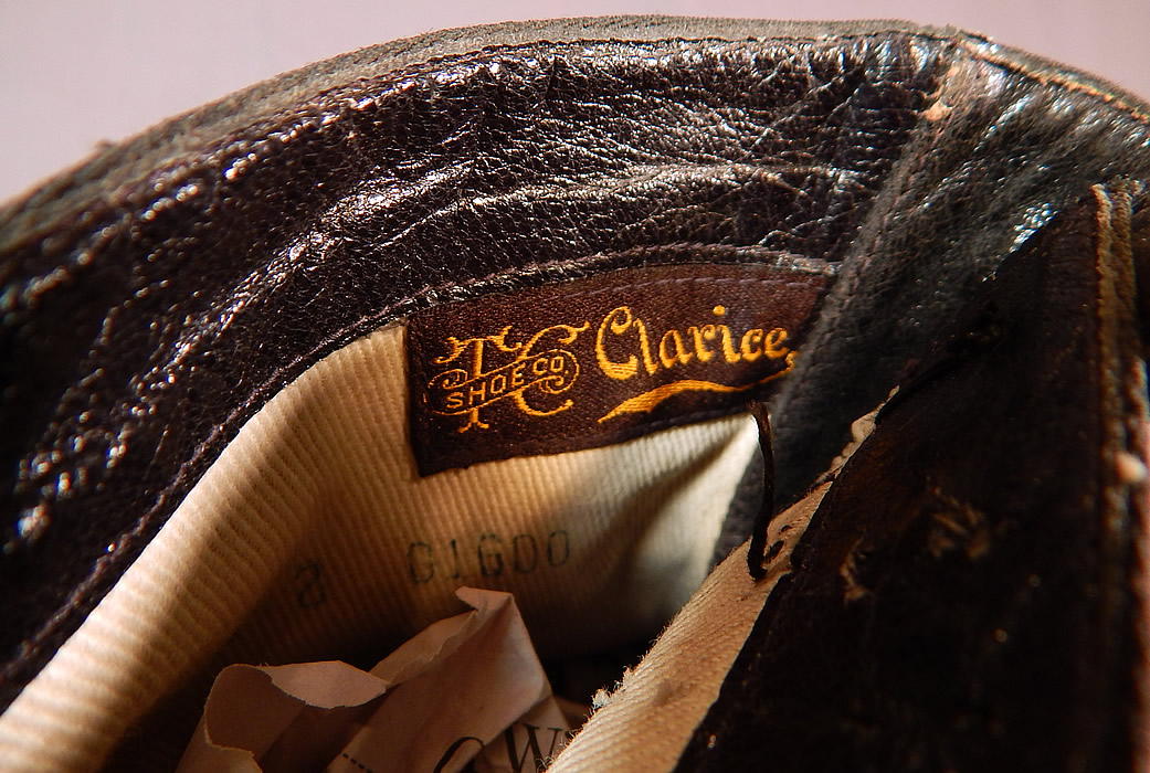 Victorian Womens Black Wool & Leather High Top Button Boots Clarice TC Shoe Co.
There is a "Clarice TC Shoe Co." label sewn inside the top and are stamped inside 37-2. 
