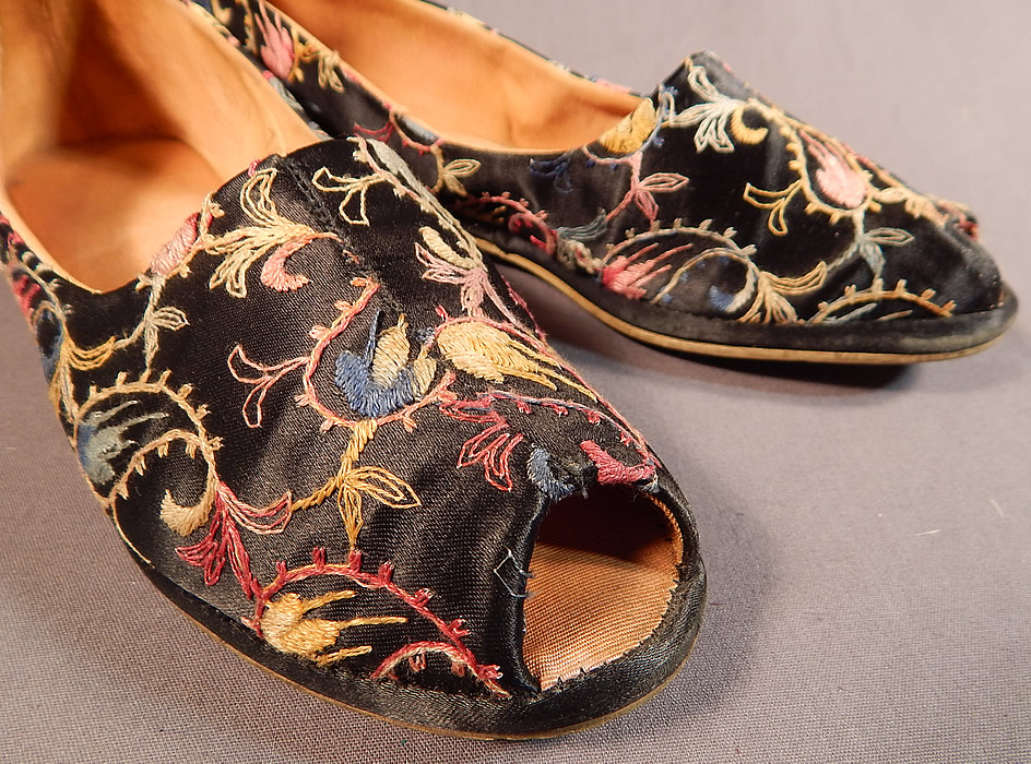 Vintage Black Silk Satin Colorful Tambour Embroidery Boteh Paisley Slipper Shoes
