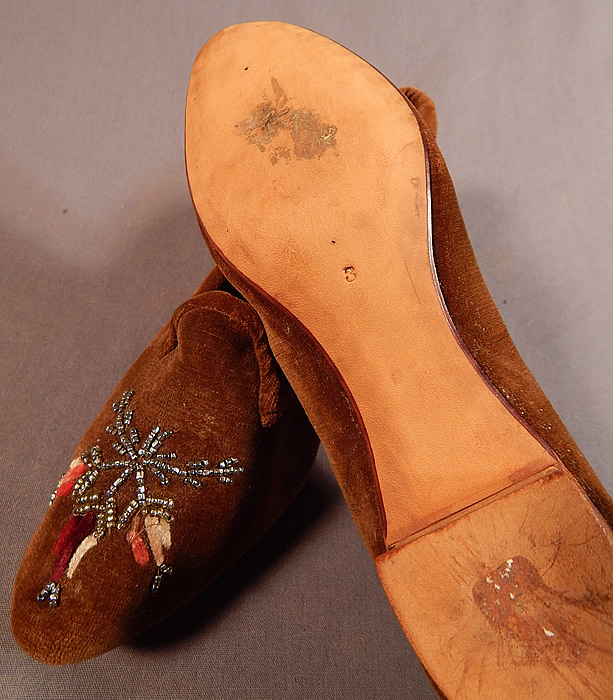 Victorian Brown Velvet Chenille Embroidered Steel Cut Beaded Slipper Shoes
These are truly a rare, beautiful quality made early Victorian shoe and would make for a wonderful display piece! 