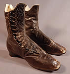 Victorian Brown Leather White Stitching Scalloped High Top Button Boots Shoes

