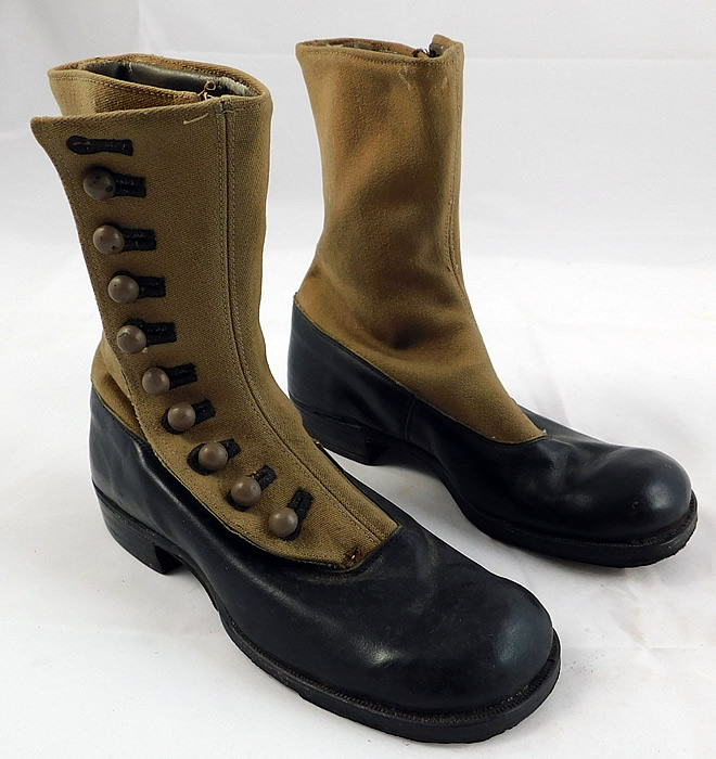 Unworn Victorian Two Tone Khaki Canvas Leather High Top Button Boots
This pair of unworn antique Victorian era two tone khaki canvas leather high top button boots date from 1900. They are made of a two tone khaki color canvas fabric upper boot and a black leather bottom shoe.